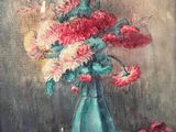 a painting of flowers in a blue vase on a table