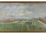 a painting of a green field with buildings in the background