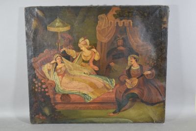 un vieux tableau représentant une femme allongée sur un lit dans une chambre