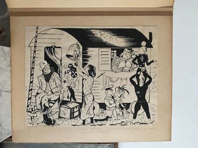 un dessin en noir et blanc représentant un groupe de personnes devant une maison