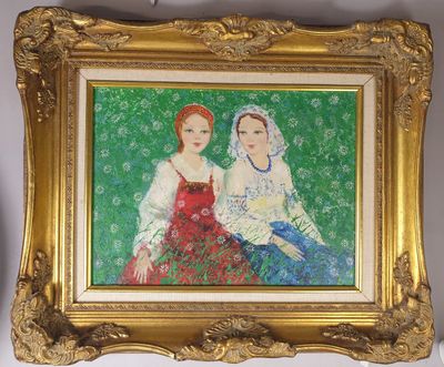 framed painting of two women in red dresses sitting on a green background