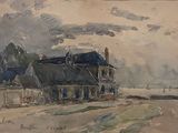 painting of a house on a beach with a person walking on the beach