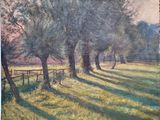an oil painting of a row of trees in a grassy field