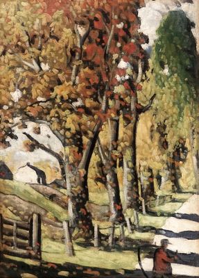 un tableau représentant une femme assise sur un banc dans un parc
