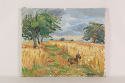 an oil painting of a dog in a field with trees