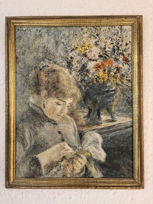 un tableau représentant une femme en train de lire un livre à côté d'un vase de fleurs