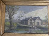 a picture of a painting of a house in the country