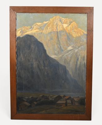 une peinture à l'huile représentant une scène de montagne avec un lac au premier plan