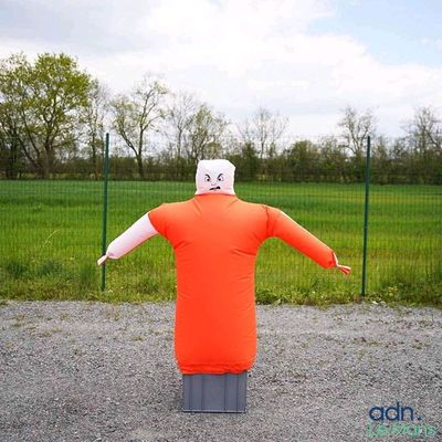 un bonhomme gonflable debout au milieu d'un champ