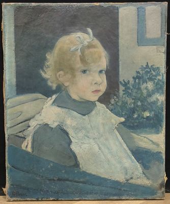 painting of a little girl in a blue dress sitting in a chair