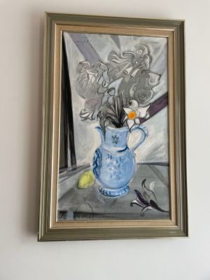 a painting of flowers in a blue vase on a table