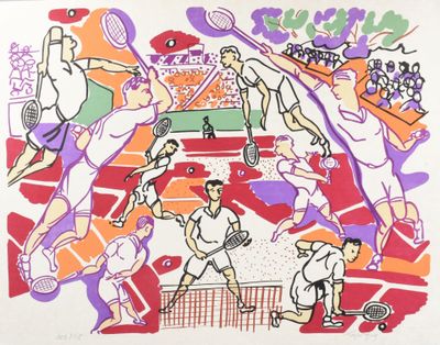 tableau représentant un groupe de personnes jouant au tennis sur un court de tennis