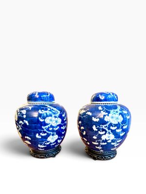 une paire de vases bleus et blancs ornés de fleurs sur un fond blanc