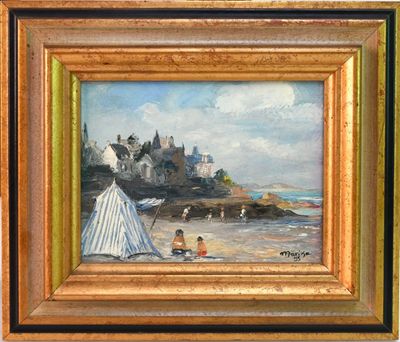 une peinture à l'huile représentant une scène de plage avec des gens sur le sable