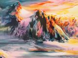 an oil painting of a mountain range with a sunset in the background