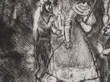 drawing of a man and a woman standing on a stone platform
