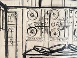 a black and white drawing of a room with bicycles on the wall