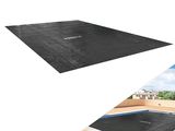 a collage of two pictures of a swimming pool with a black cover