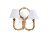 two lamps on a white wall with rope wrapped around them