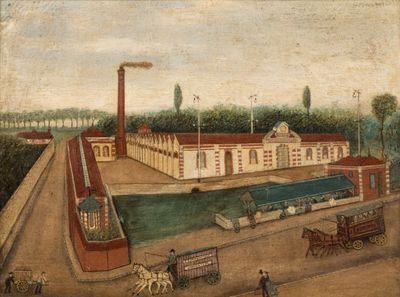 painting of a view of a factory with a horse drawn carriage in the foreground