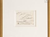 a drawing of a bird flying over a body of water