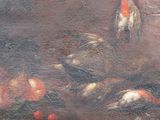 a painting of a bird and some fruit on the ground