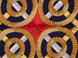 a close up of a blue and yellow square with a red center