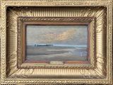 une peinture à l'huile représentant une scène de plage avec un bateau au loin
