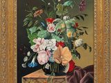 an oil painting of flowers in a vase on a table