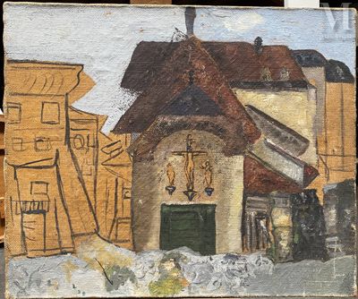 un tableau représentant un bâtiment sur lequel figure une horloge