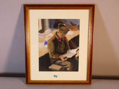 painting of a man sitting on a bench reading a book