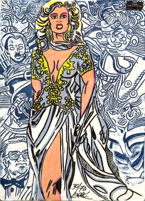 un dessin représentant une femme en robe sur un fond bleu et blanc