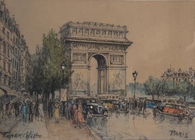 drawing of a drawing of a street scene with people and cars