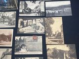 several old black and white photographs of a town and a church