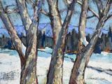 a painting of three trees in the snow near a lake