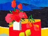 a painting of flowers in a vase on a table