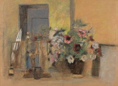 une peinture représentant un vase de fleurs sur une table