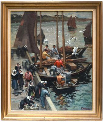a painting of a group of people on a boat in the water