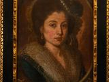 an oil painting of a woman wearing a hat and a blue dress