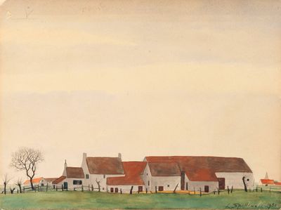 an image of a painting of a farm house in a field
