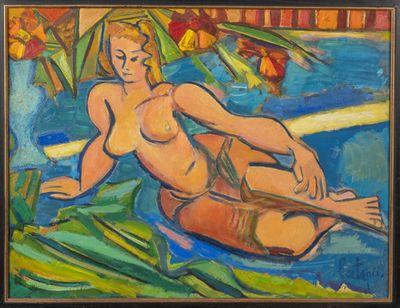une peinture à l'huile représentant une femme assise sur une planche de surf dans l'eau