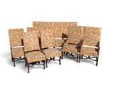 set of six chairs with floral upholstered back and arms