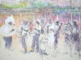 drawing of a group of people standing next to a body of water
