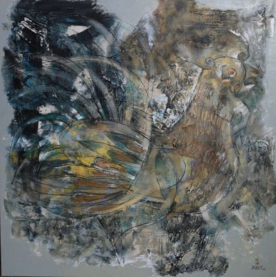 un tableau représentant un coq accroché au mur