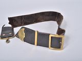 ceinture en cuir marron et noir avec une boucle en laiton sur un fond blanc