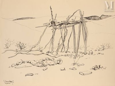 dessin représentant un homme debout devant une clôture dans le désert