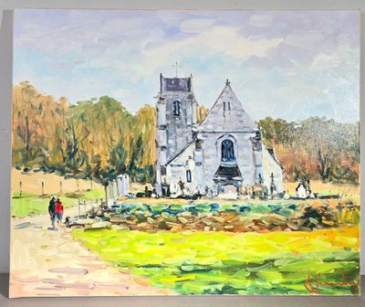 une peinture à l'huile représentant une église dans un champ, avec une personne qui passe à côté