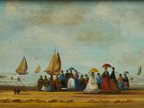 painting of a group of people standing on a beach with sailboats in the background