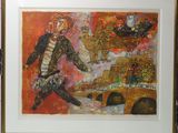 framed painting of a man running across a bridge with a boat in the background