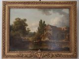 painting on the wall of a room with a painting of a water mill